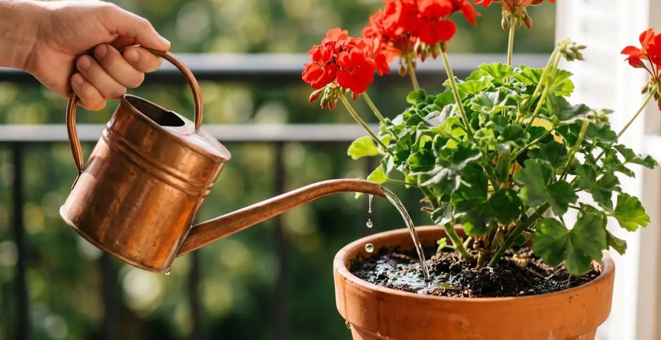 Vue rapprochée d'un arrosage au pied d'un géranium en pot, montrant la technique correcte sans mouiller le feuillage