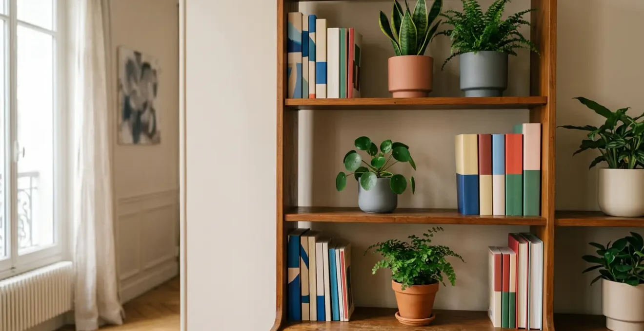 Bibliotheque en bois garnie de plantes vertes et de livres avec dispositifs de protection contre l'humidite