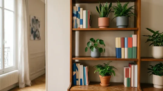 Bibliotheque en bois garnie de plantes vertes et de livres avec dispositifs de protection contre l'humidite