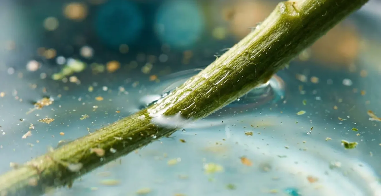 Gros plan macro sur une tige de fleur dans l'eau montrant des détails de la texture et de la surface