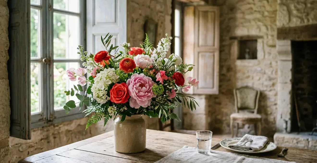 Bouquet de fleurs multicolores aux teintes vibrantes compose selon les codes floraux francais