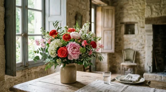 Bouquet de fleurs multicolores aux teintes vibrantes compose selon les codes floraux francais
