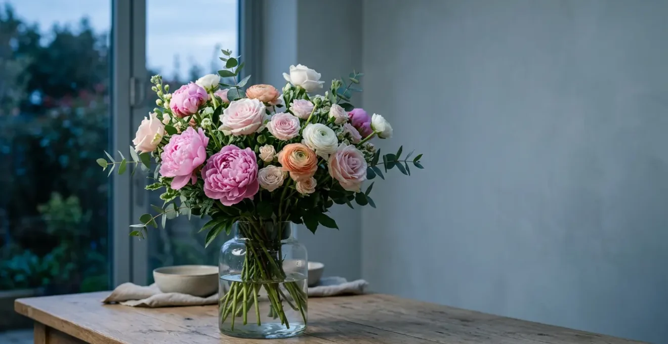 Bouquet de fleurs fraîches dans un environnement frais au crépuscule illustrant la conservation nocturne