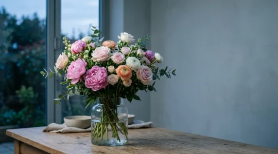 Bouquet de fleurs fraîches dans un environnement frais au crépuscule illustrant la conservation nocturne