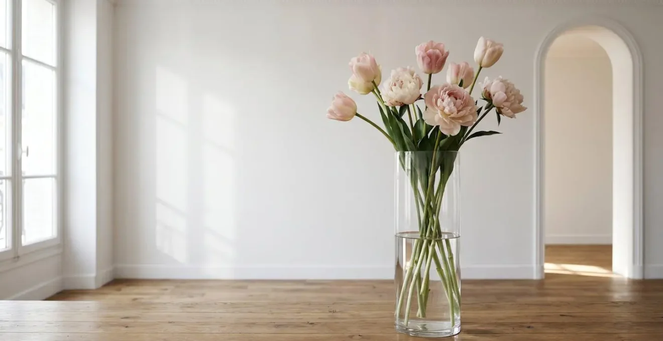 Composition florale minimaliste avec tiges hautes et propres dans un vase transparent, illustrant la règle des tiers et l'espace négatif