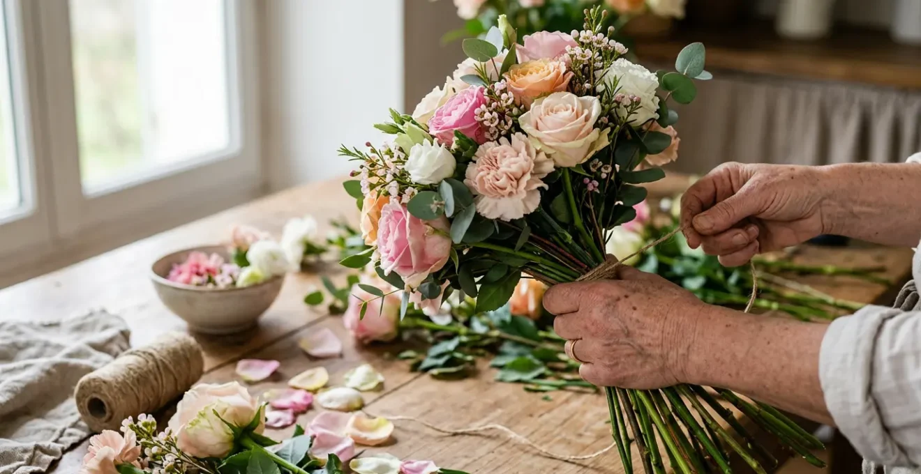 Bouquet rond artisanal composé de roses et œillets disposés en spirale, démonstration de la technique de la vrille pour créer un arrangement floral fait maison