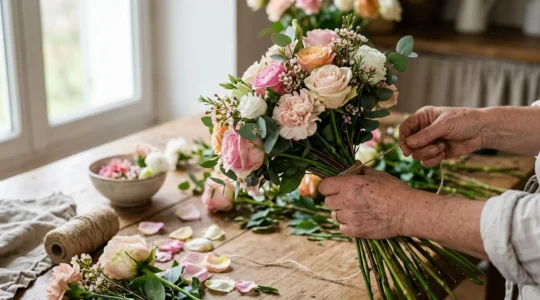 Bouquet rond artisanal composé de roses et œillets disposés en spirale, démonstration de la technique de la vrille pour créer un arrangement floral fait maison