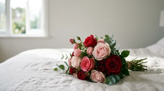Bouquet généreux de roses rouges et roses sur fond neutre pour symboliser une déclaration amoureuse