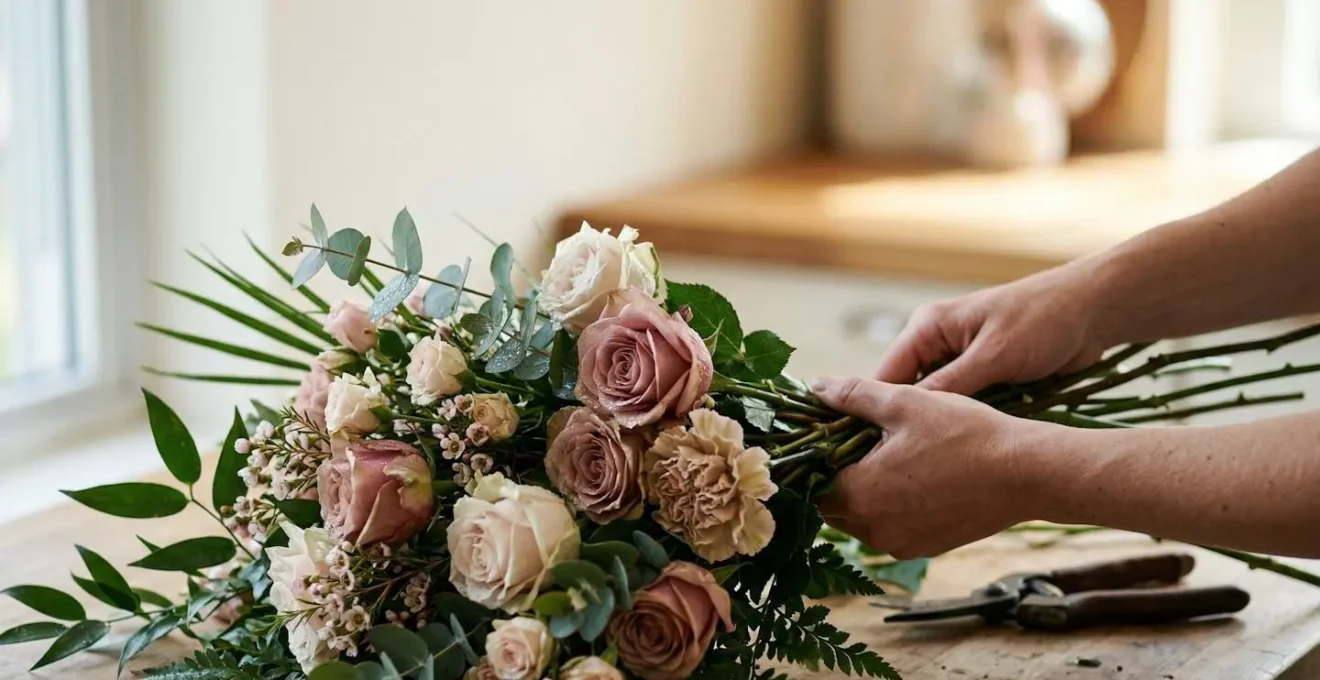 Bouquet de fleurs fraîches en pleine transformation avec des mains arrangeant délicatement les tiges dans un mouvement de vrille