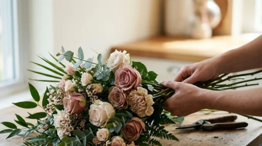 Bouquet de fleurs fraîches en pleine transformation avec des mains arrangeant délicatement les tiges dans un mouvement de vrille