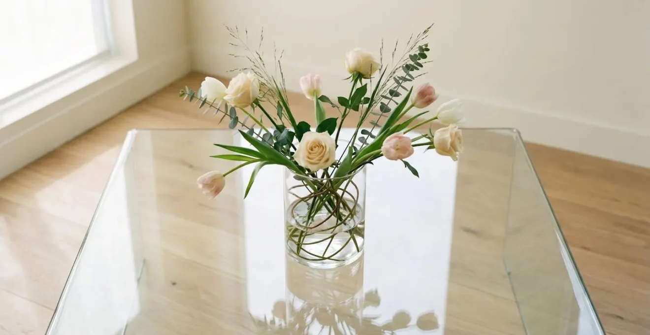 Vue en plongée d'une composition florale aérienne sur table en verre avec tiges visibles créant un jeu de transparence et de profondeur