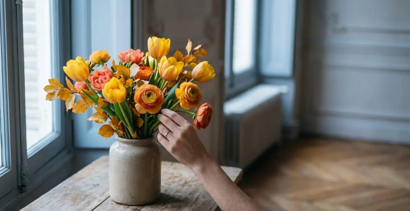 Bouquet de fleurs aux tons chauds jaunes et orangés dans un intérieur français à la lumière froide et tamisée