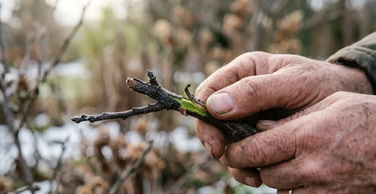 Détail d'une branche d'hortensia montrant les bourgeons protégés sous les parties gelées en fin d'hiver