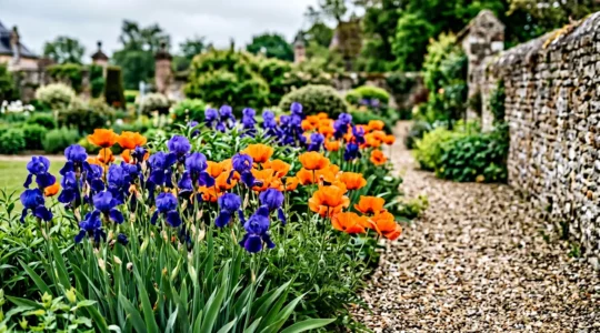 Composition florale illustrant les principes du cercle chromatique avec des fleurs bleues et orangées dans un jardin français