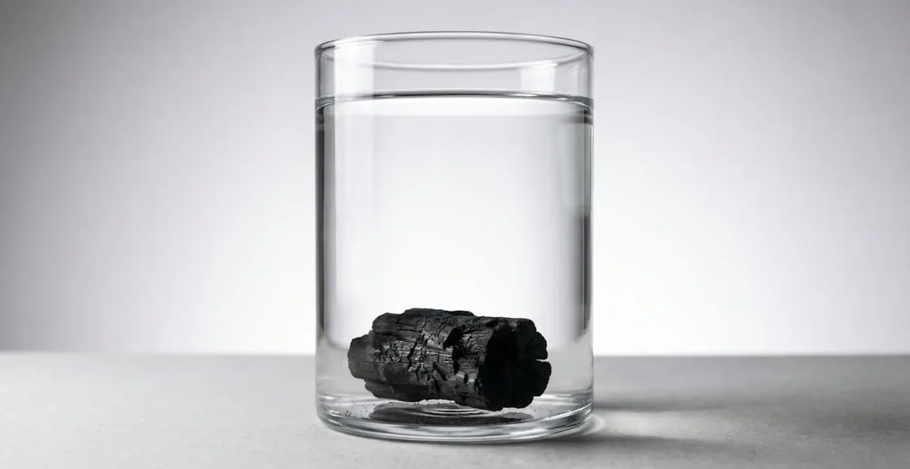 Composition minimaliste montrant un morceau de charbon actif noir au fond d'un vase en verre transparent avec eau cristalline