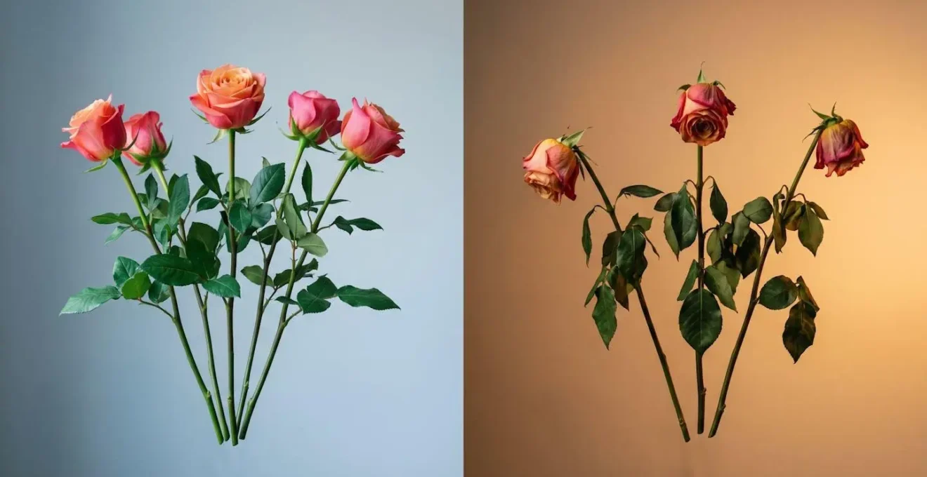 Contraste visuel illustrant l'effet du choc thermique sur un bouquet de fleurs fraîches