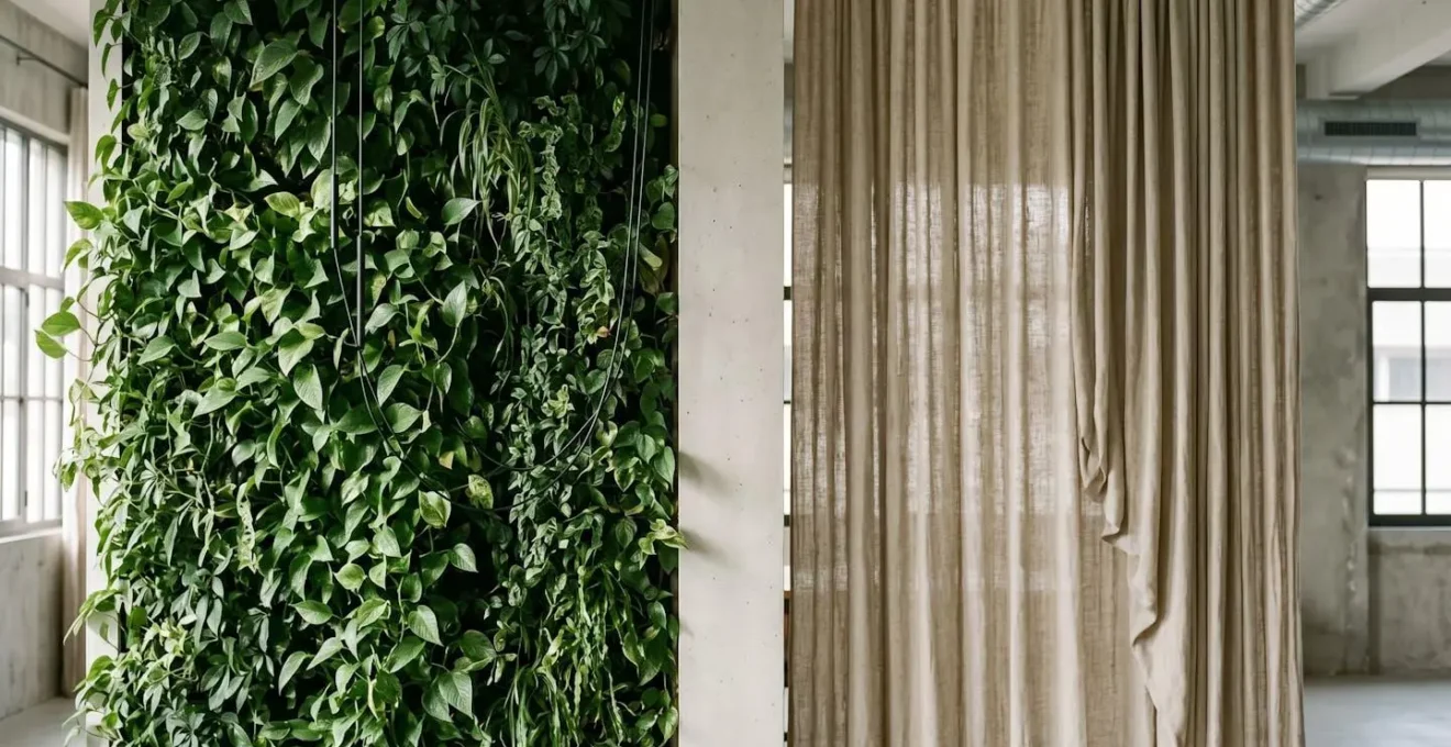 Comparaison visuelle entre un mur végétal dense et des rideaux épais dans un salon moderne français