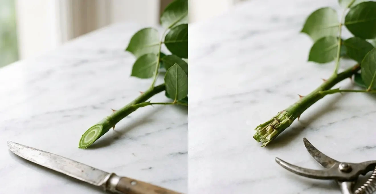 Comparaison visuelle entre une coupe nette au couteau et une coupe écrasée au sécateur sur des tiges de fleurs