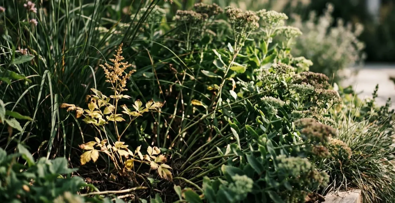 Vue symbolique évoquant la compétition souterraine entre racines de plantes dans un massif trop dense