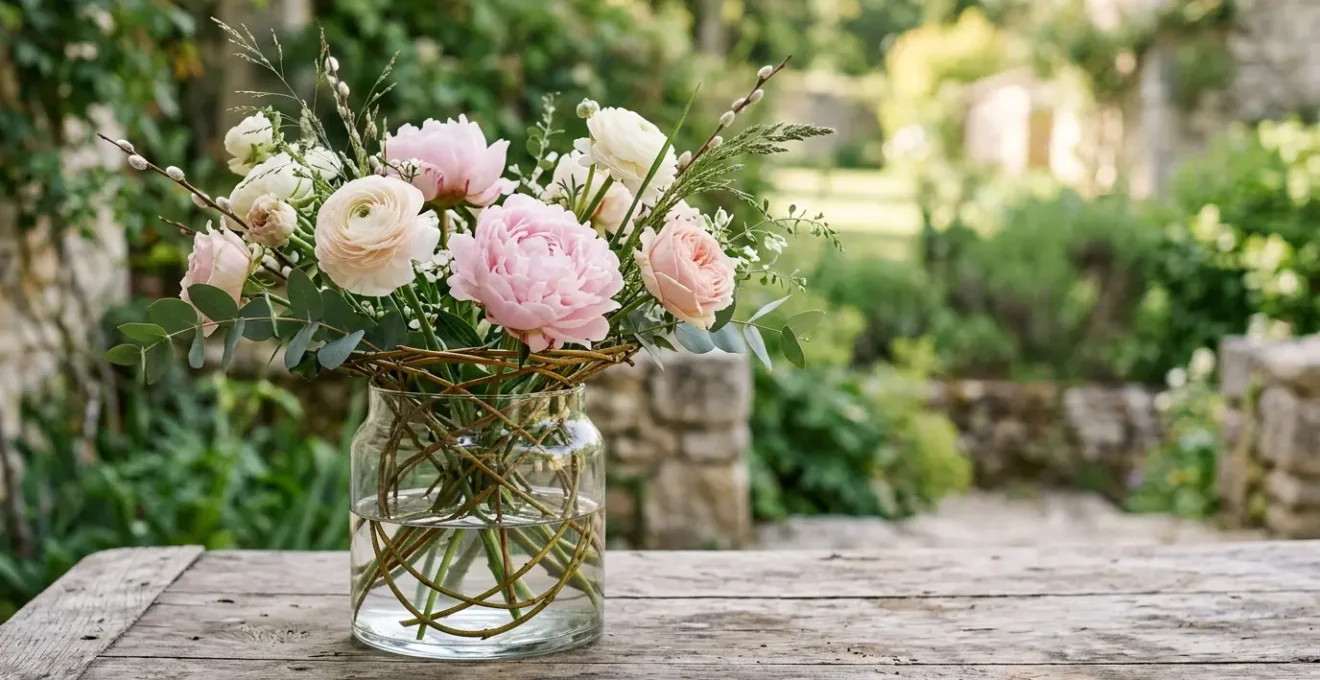Arrangement floral élégant dans un vase transparent avec techniques éco-responsables sans mousse florale