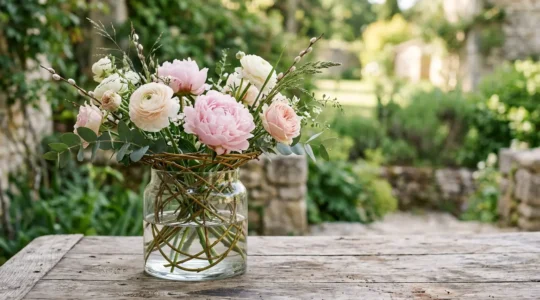 Arrangement floral élégant dans un vase transparent avec techniques éco-responsables sans mousse florale