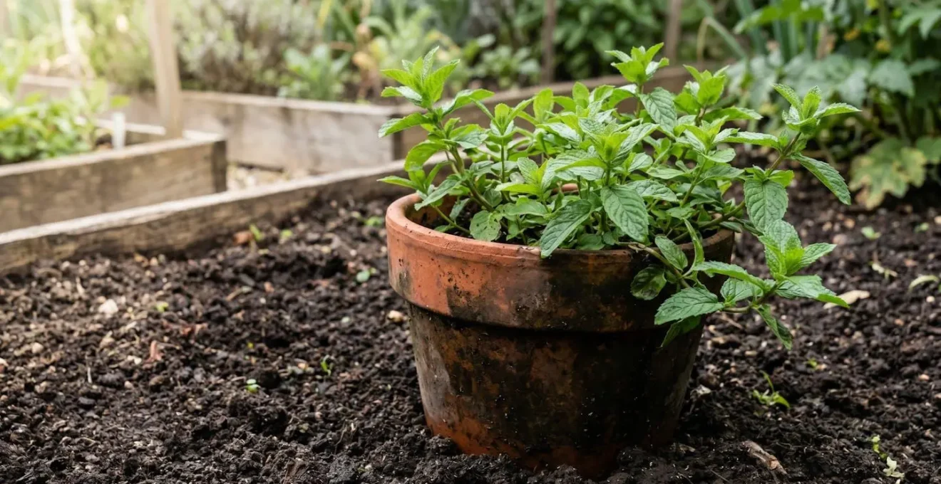 Technique de contention avec pot enterré pour une plante envahissante au jardin