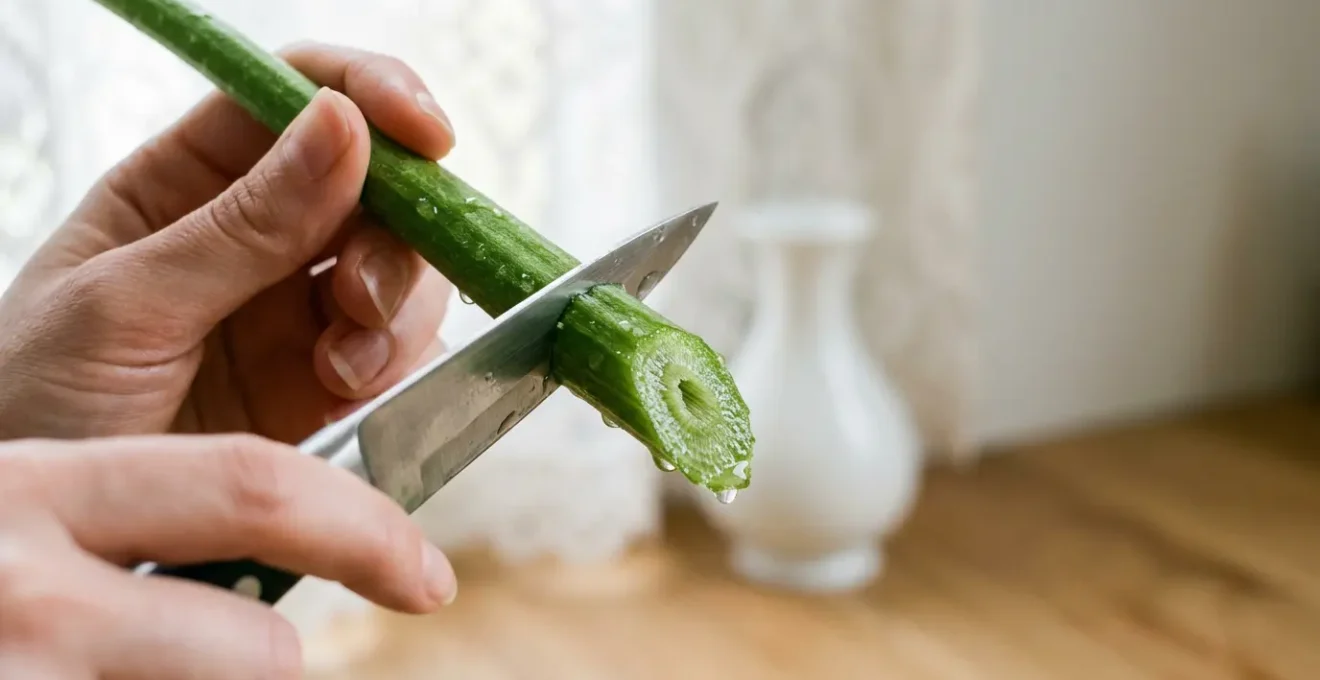 Gros plan sur une tige de fleur fraîchement coupée en biseau, capturant le moment de contact avec l'eau