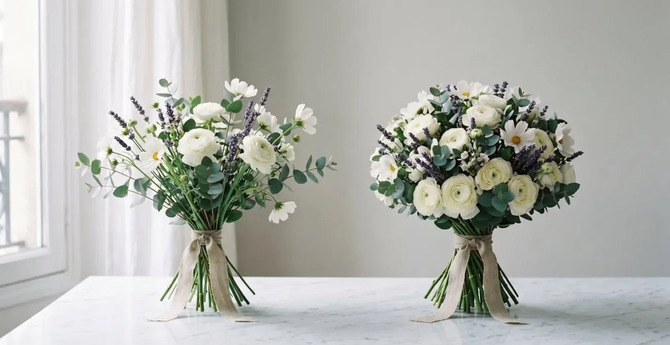 Comparaison visuelle de la densité florale entre un bouquet rond minimaliste de 15 tiges et un bouquet généreux de 30 tiges pour un même diamètre de 30 cm
