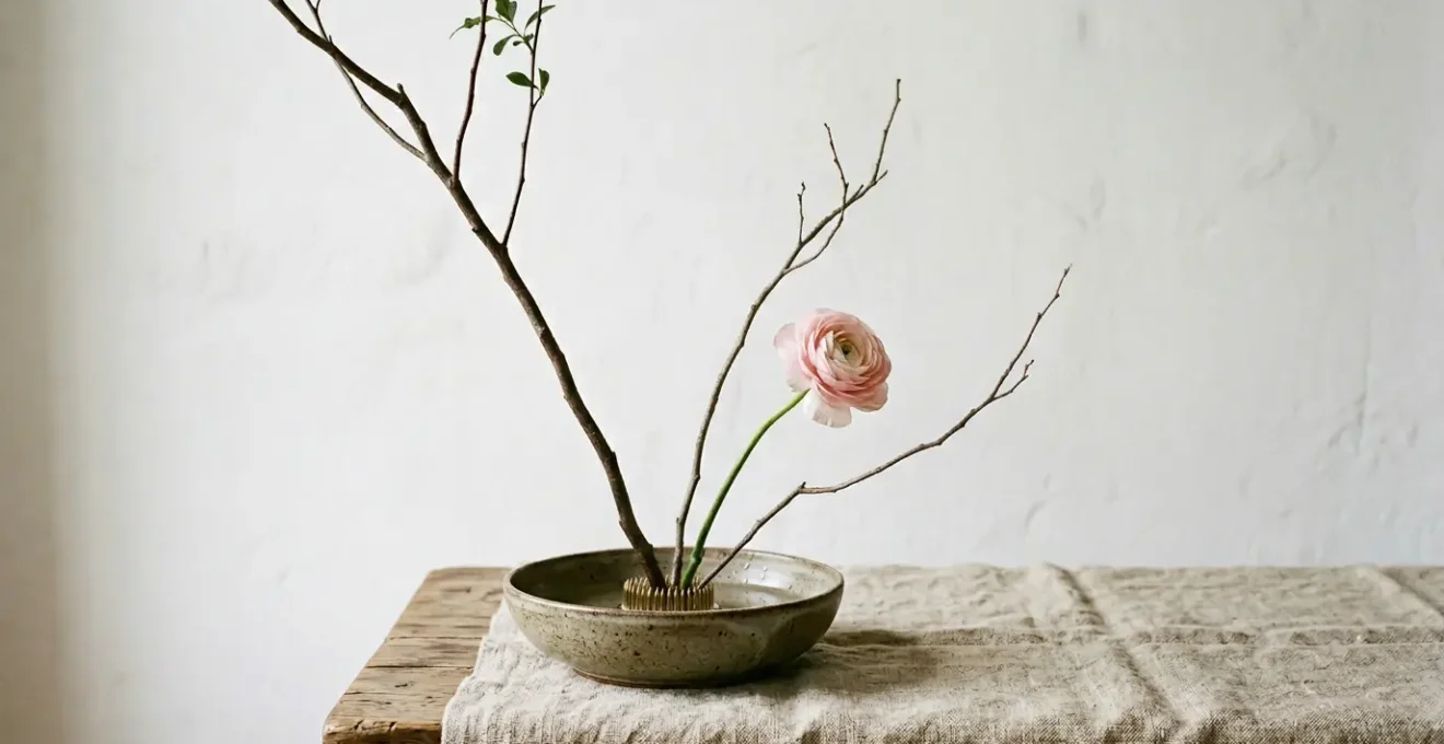 Composition florale minimaliste avec trois tiges élégantes disposées sur un kenzan dans un vase épuré