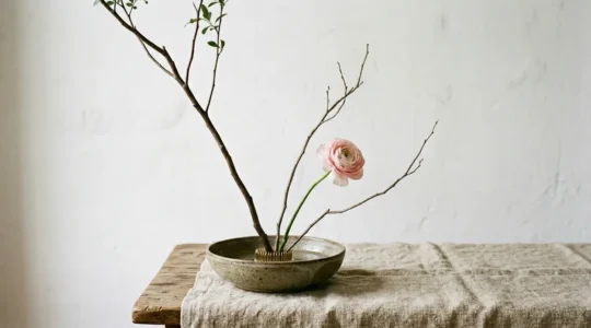 Composition florale minimaliste avec trois tiges élégantes disposées sur un kenzan dans un vase épuré