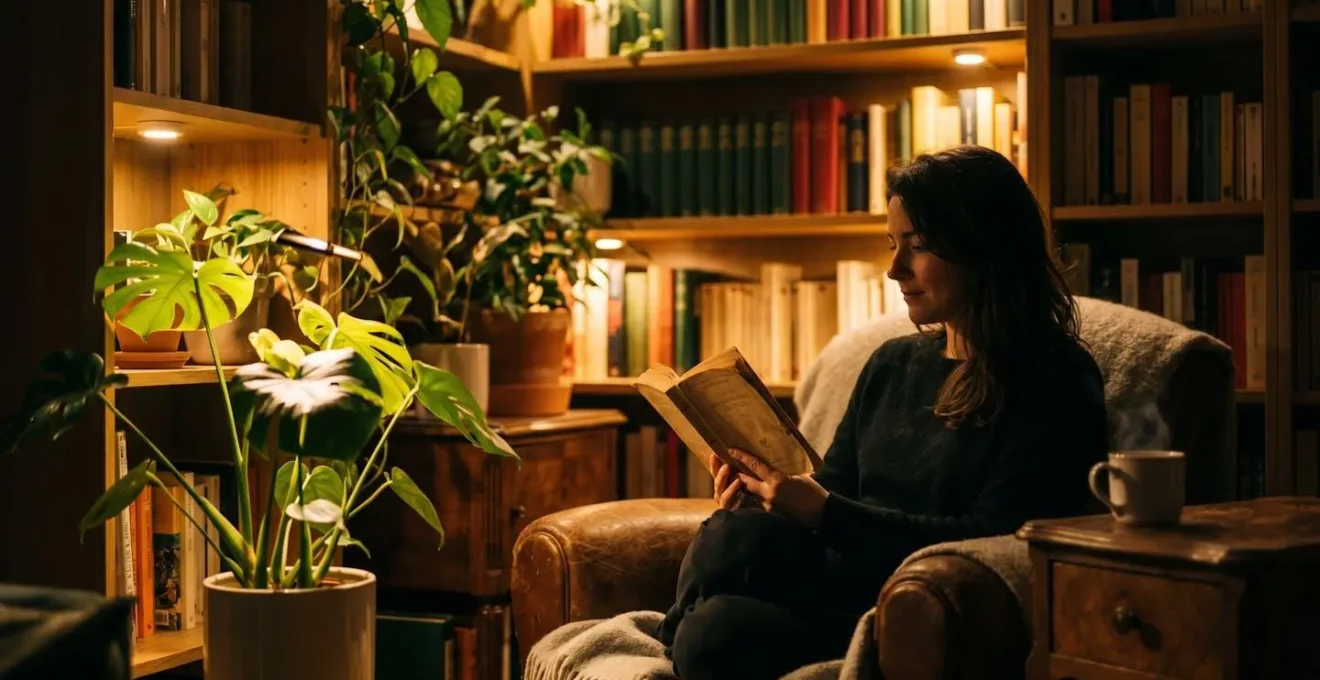 Eclairage discret de bibliotheque avec spots LED integres illuminant plantes et livres dans une ambiance chaleureuse