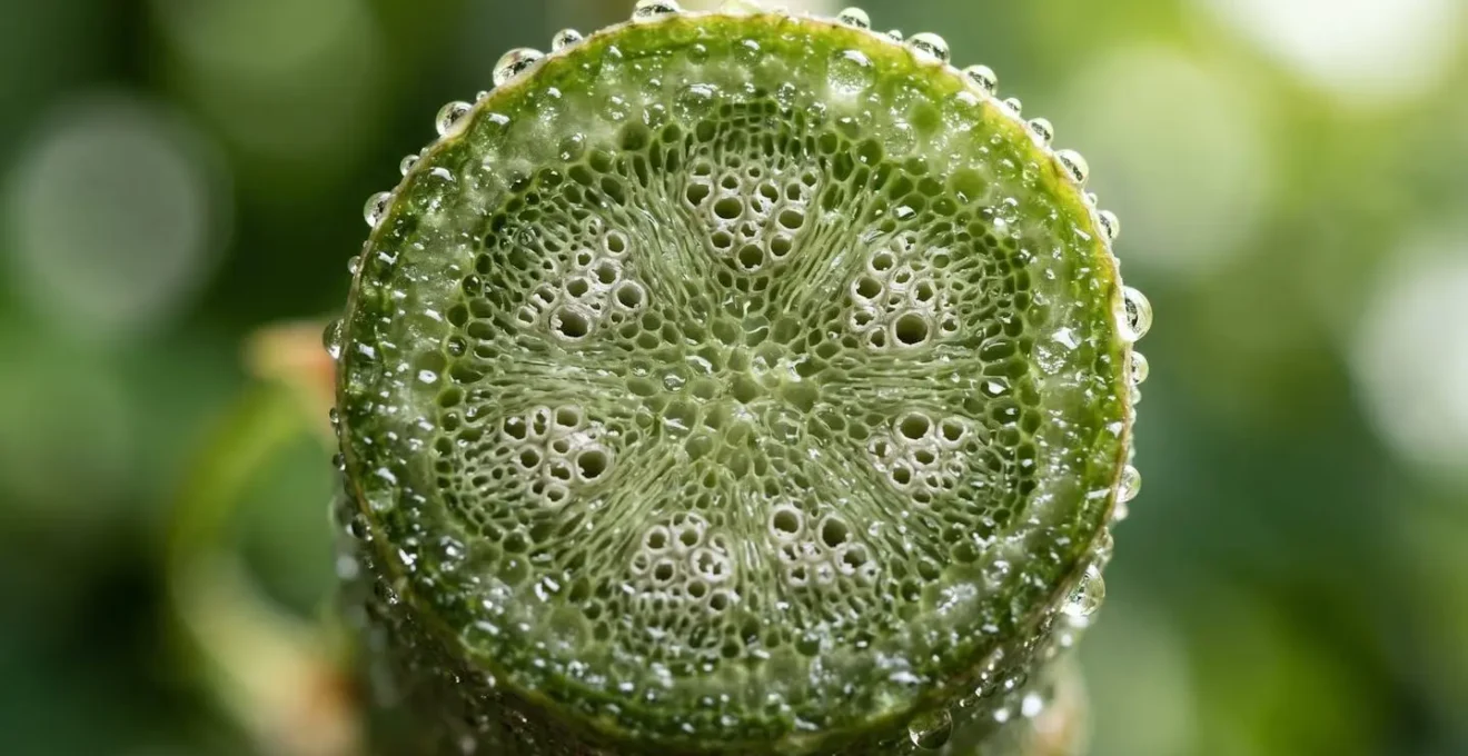 Photographie macro d'une tige de fleur coupée en coupe transversale montrant les vaisseaux de xylème