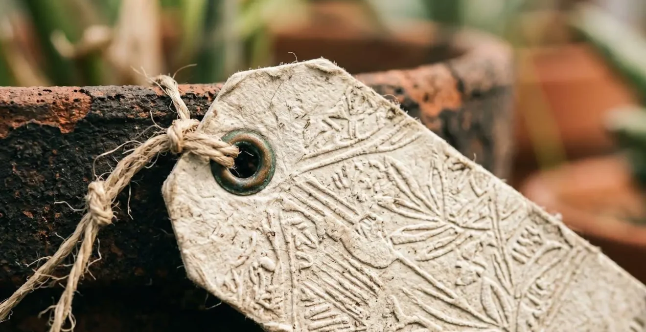 Gros plan macro sur une étiquette de certification horticole avec logo distinctif dans une pépinière professionnelle française