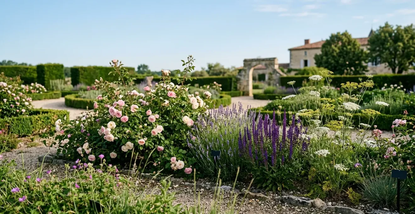 Composition florale montrant différentes structures de fleurs de familles botaniques distinctes dans un jardin français