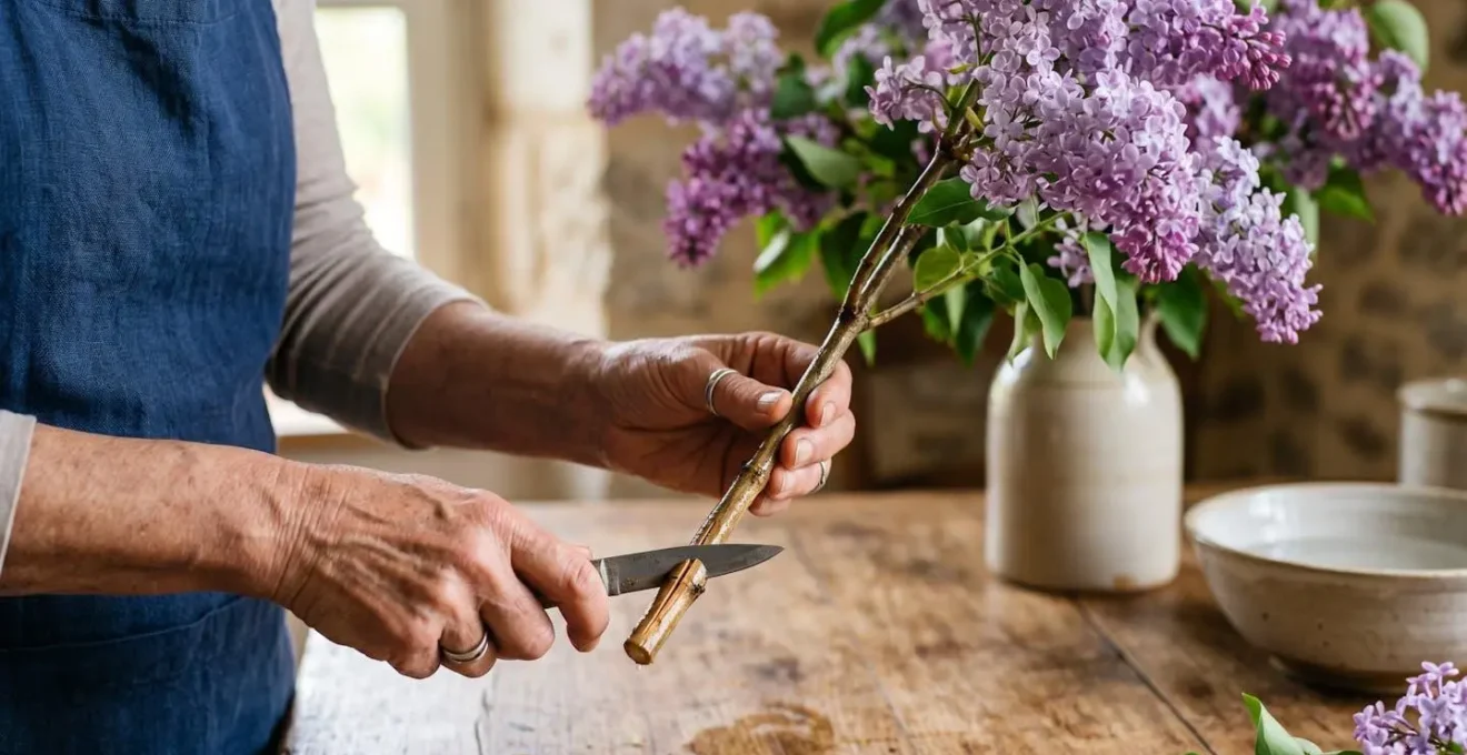 Démonstration de la technique de fente en croix sur une tige ligneuse de lilas pour optimiser l'absorption d'eau