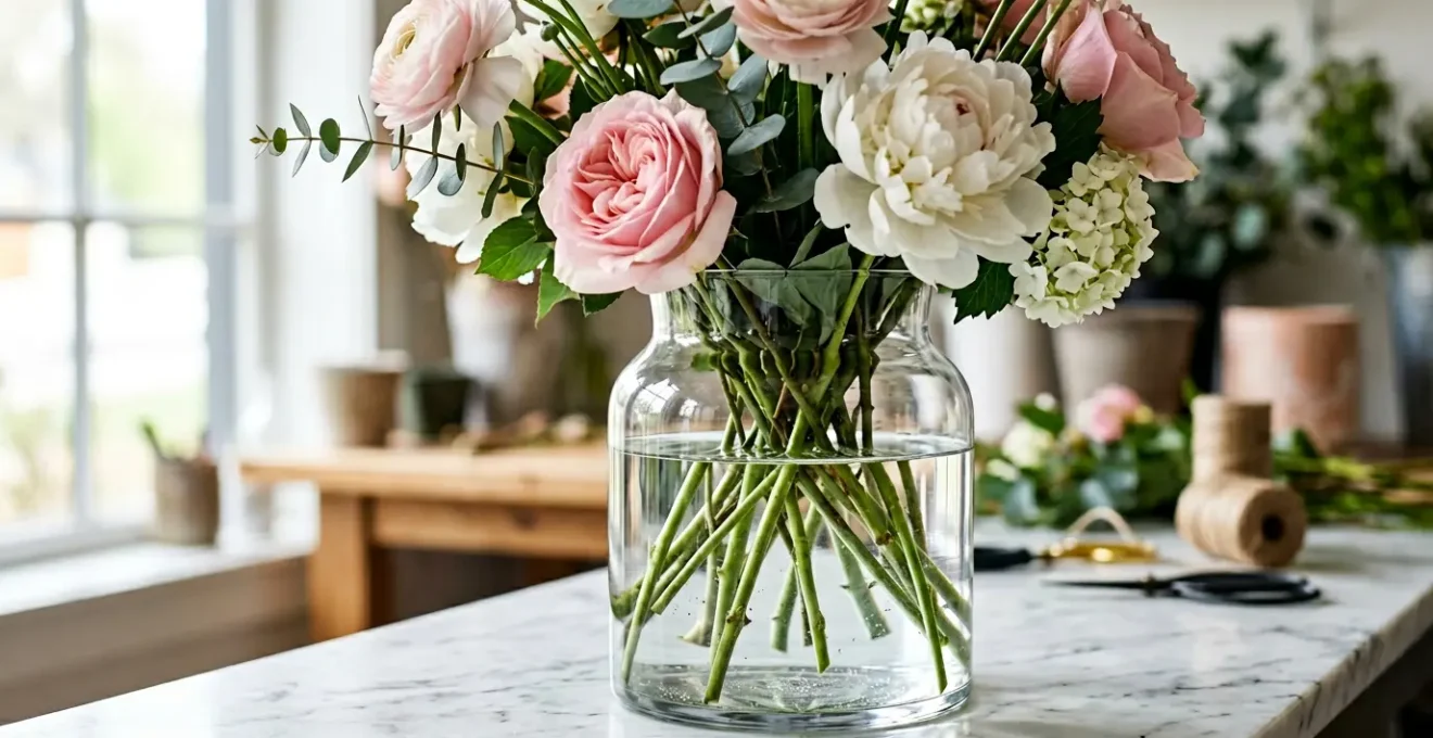 Gros plan sur des tiges de fleurs fraîchement nettoyées, débarrassées de leur feuillage bas, dans un environnement lumineux de fleuriste professionnel