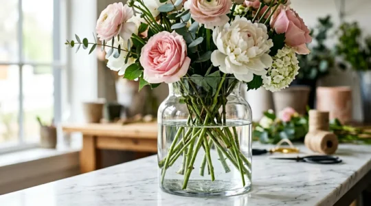 Gros plan sur des tiges de fleurs fraîchement nettoyées, débarrassées de leur feuillage bas, dans un environnement lumineux de fleuriste professionnel
