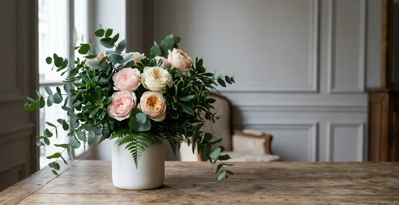 Composition florale elegante montrant le contraste entre feuillages denses et aeriens autour de roses