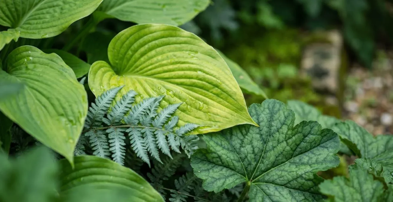 Composition de feuillages aux nuances de vert variées illustrant la diversité des textures dans un jardin d'ombre français