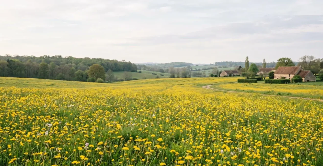 Paysage printanier français avec tapis de fleurs jaunes sauvages sous lumiere douce