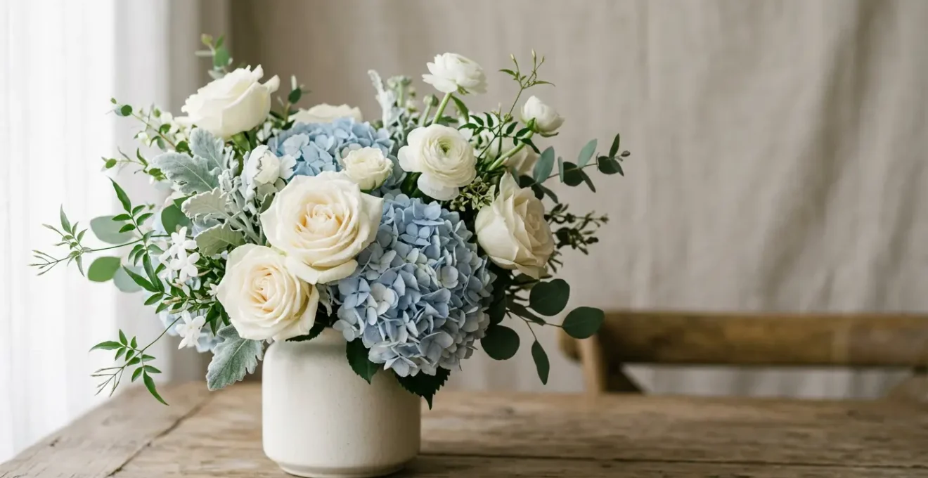 Composition florale élégante de roses et hortensias dans des tons blancs et bleus sur fond épuré