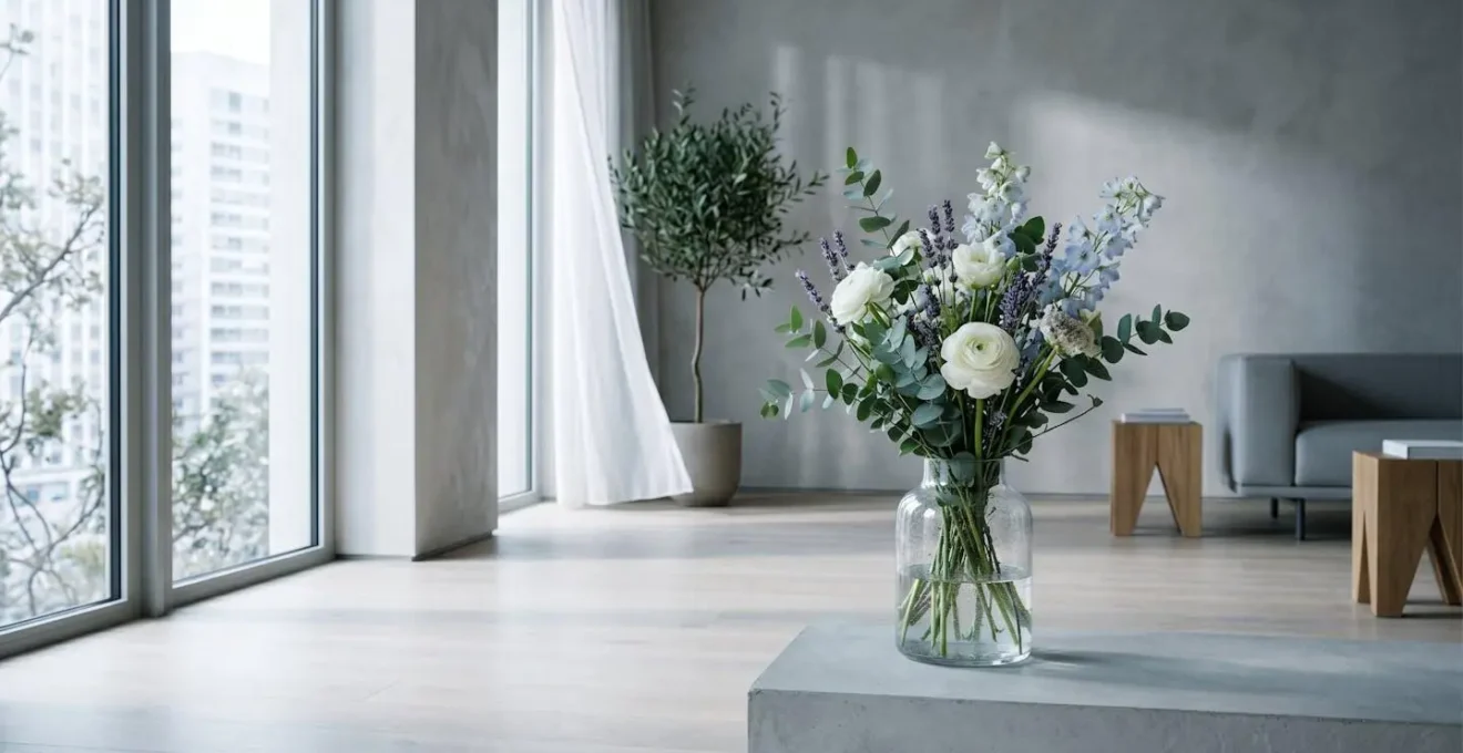 Composition minimaliste montrant un bouquet dans un intérieur moderne avec suggestion de flux d'air de climatisation