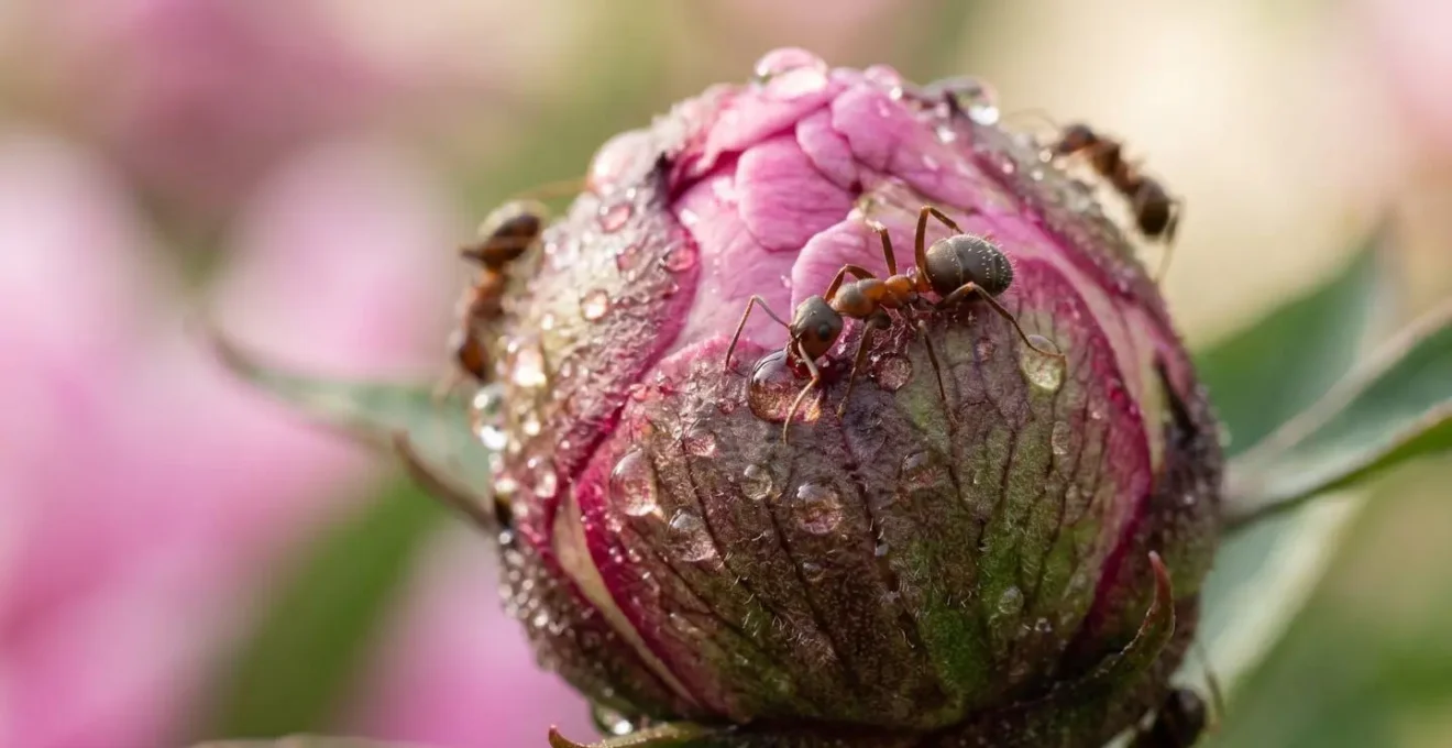 Gros plan macro sur des gouttes de nectar perlant sur un bouton de pivoine