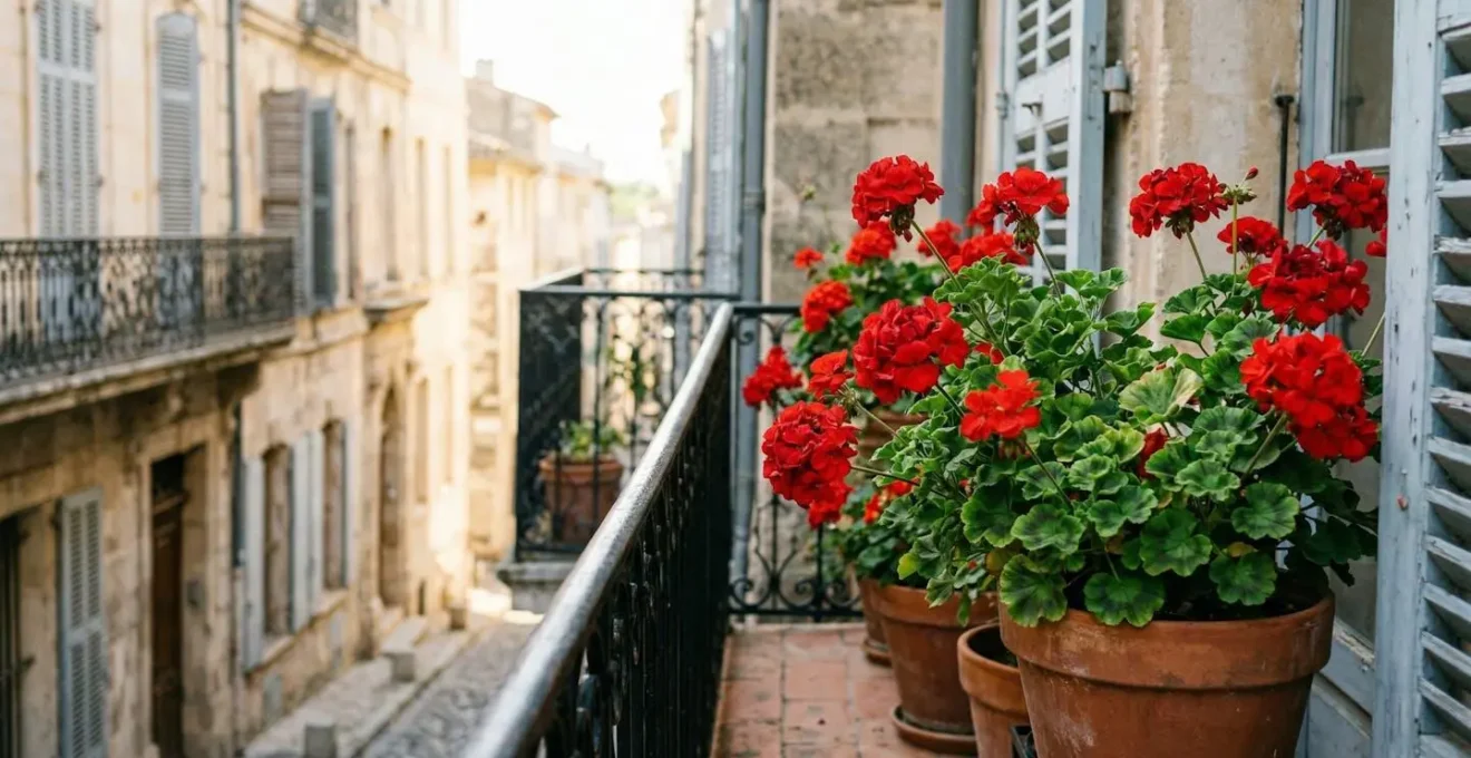 Géraniums rouges en pleine floraison sur un balcon ensoleillé avec jardinières traditionnelles françaises