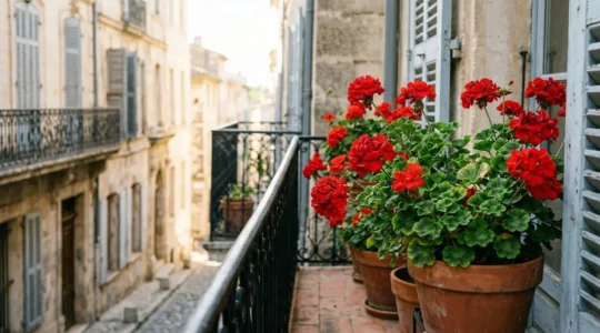 Géraniums rouges en pleine floraison sur un balcon ensoleillé avec jardinières traditionnelles françaises