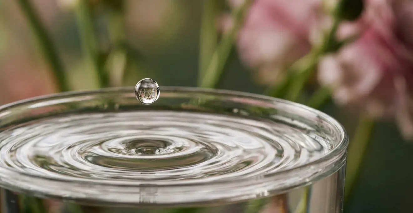 Gros plan macro sur une goutte d'eau tombant dans un vase transparent avec des fleurs, effet de mouvement figé