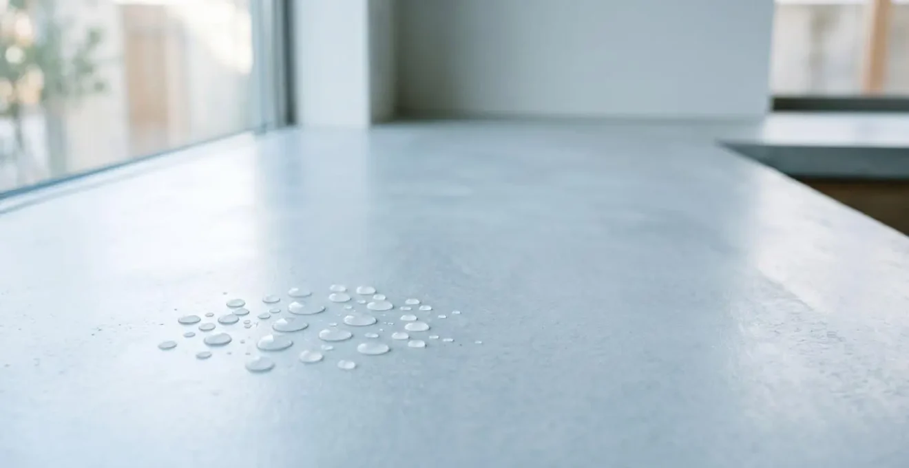 Composition minimaliste de gouttes d'eau cristalline sur surface épurée avec lumière naturelle douce