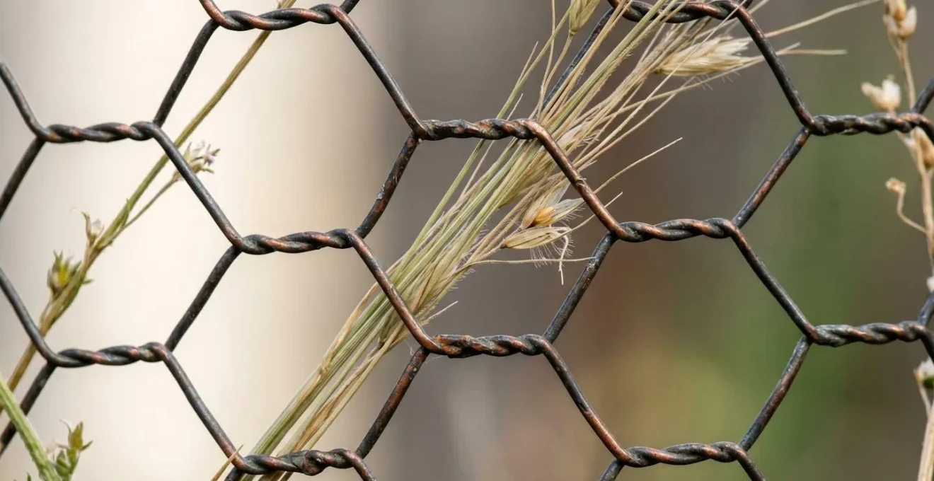 Gros plan sur une structure en grillage métallique froissé maintenant délicatement des tiges de graminées sauvages
