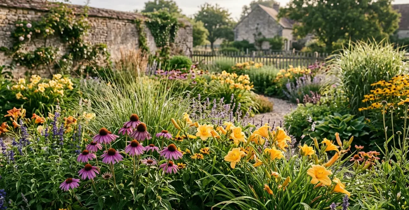 Massif de plantes vivaces luxuriantes dans un jardin français illustrant la rentabilité à long terme