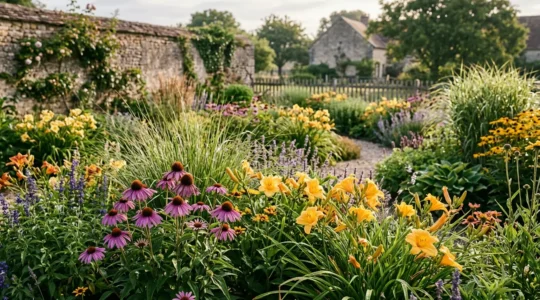 Massif de plantes vivaces luxuriantes dans un jardin français illustrant la rentabilité à long terme